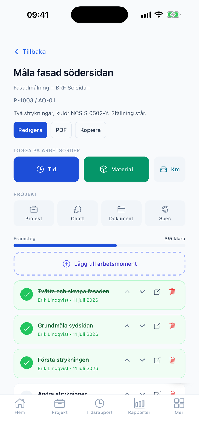 Digital arbetsorder i Crewlog — arbetsmoment bockas av ett i taget, och tid, material och mil loggas direkt mot ordern.