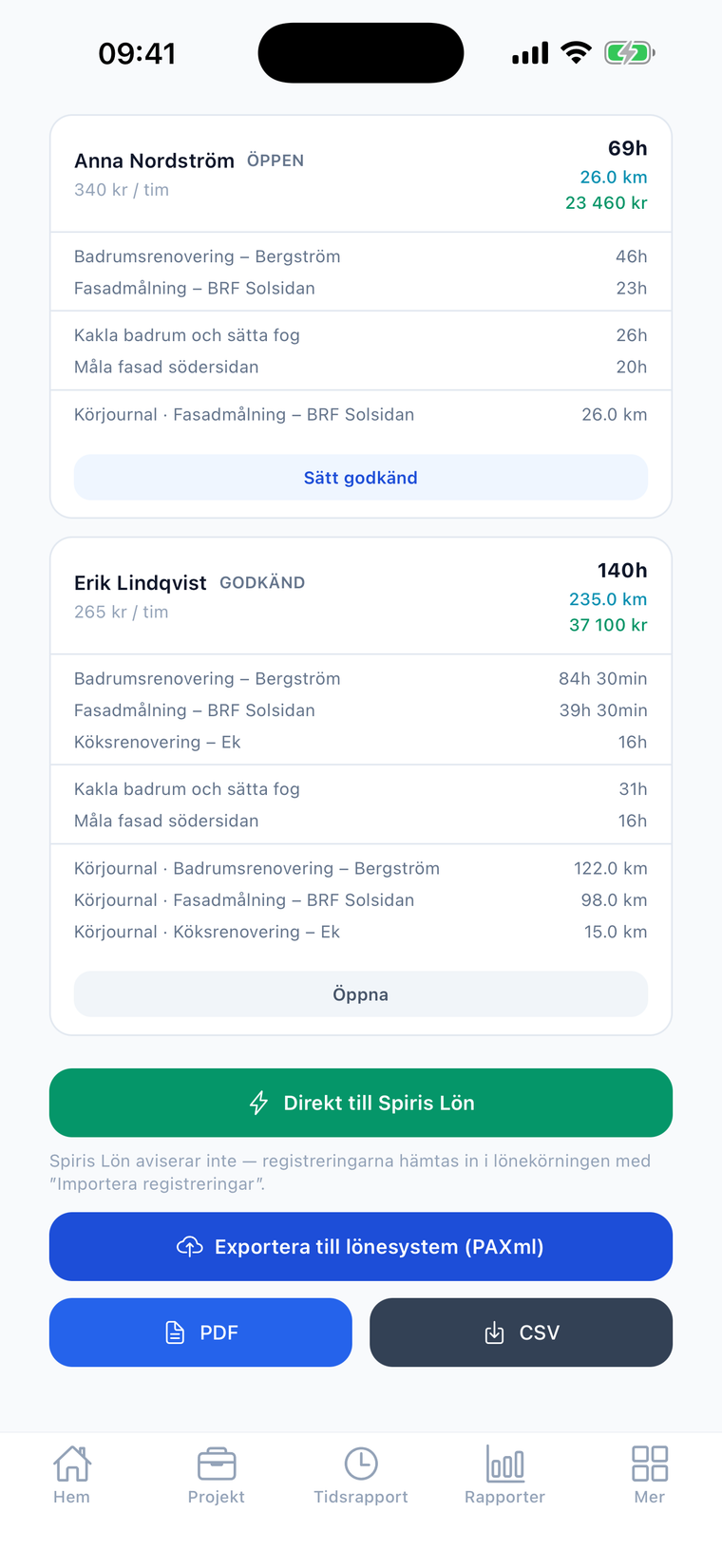 Spiris-integrationen i Crewlog — export av löneunderlag direkt till Spiris Lön eller som PAXml, PDF och CSV.