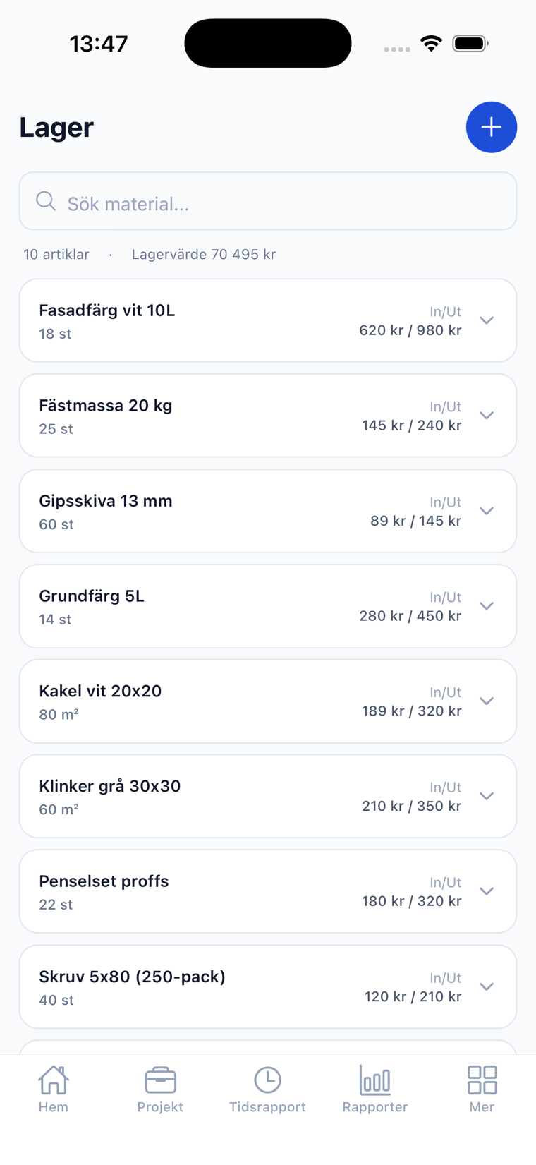 Materialkatalogen i Crewlog-appen — lagersaldo, inköpspris och utpris per material för en hantverksfirma, med samlat lagervärde.