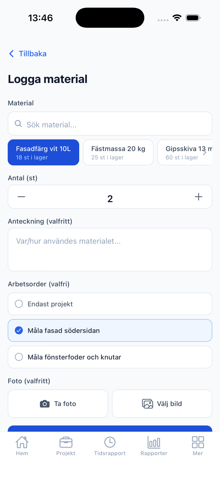 Materialregistrering i Crewlog-appen — logga material mot projekt och arbetsorder med antal, anteckning och foto.