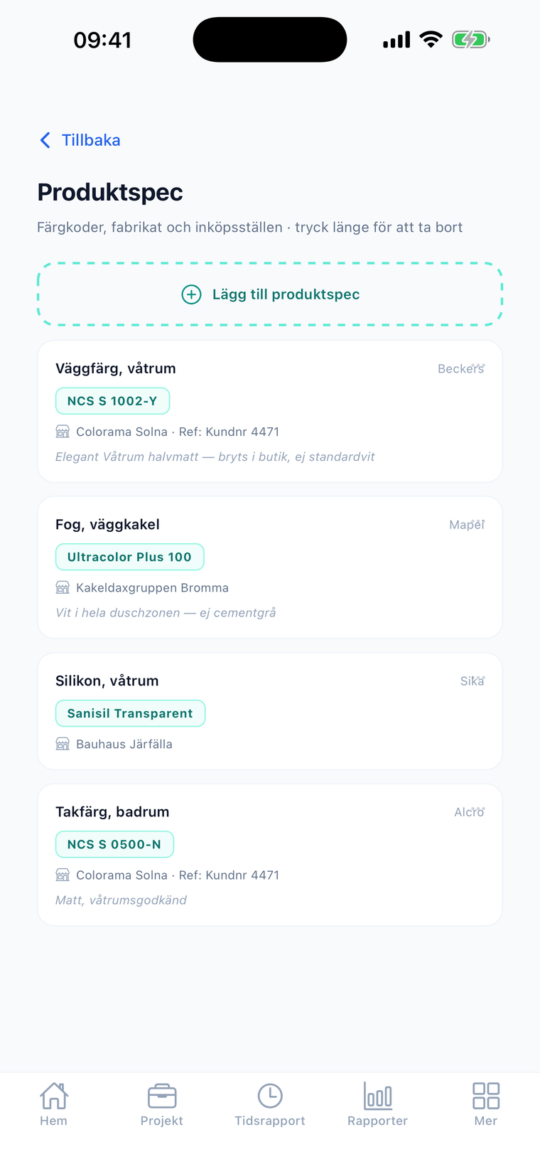 App för målare — produktspecar i Crewlog med NCS-färgkoder, fabrikat och inköpsställe per måleriprojekt, lästa av laget i mobilen.