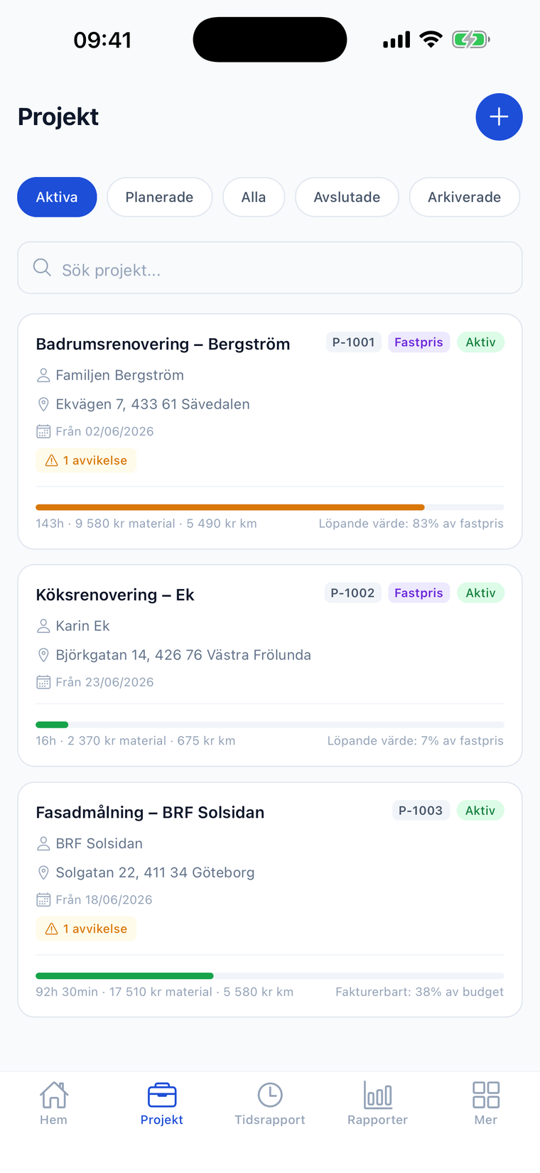 Projektöversikten i Crewlog-appen — en liten byggfirmas projektlista med status, loggade timmar och upparbetat mot budget per projekt.