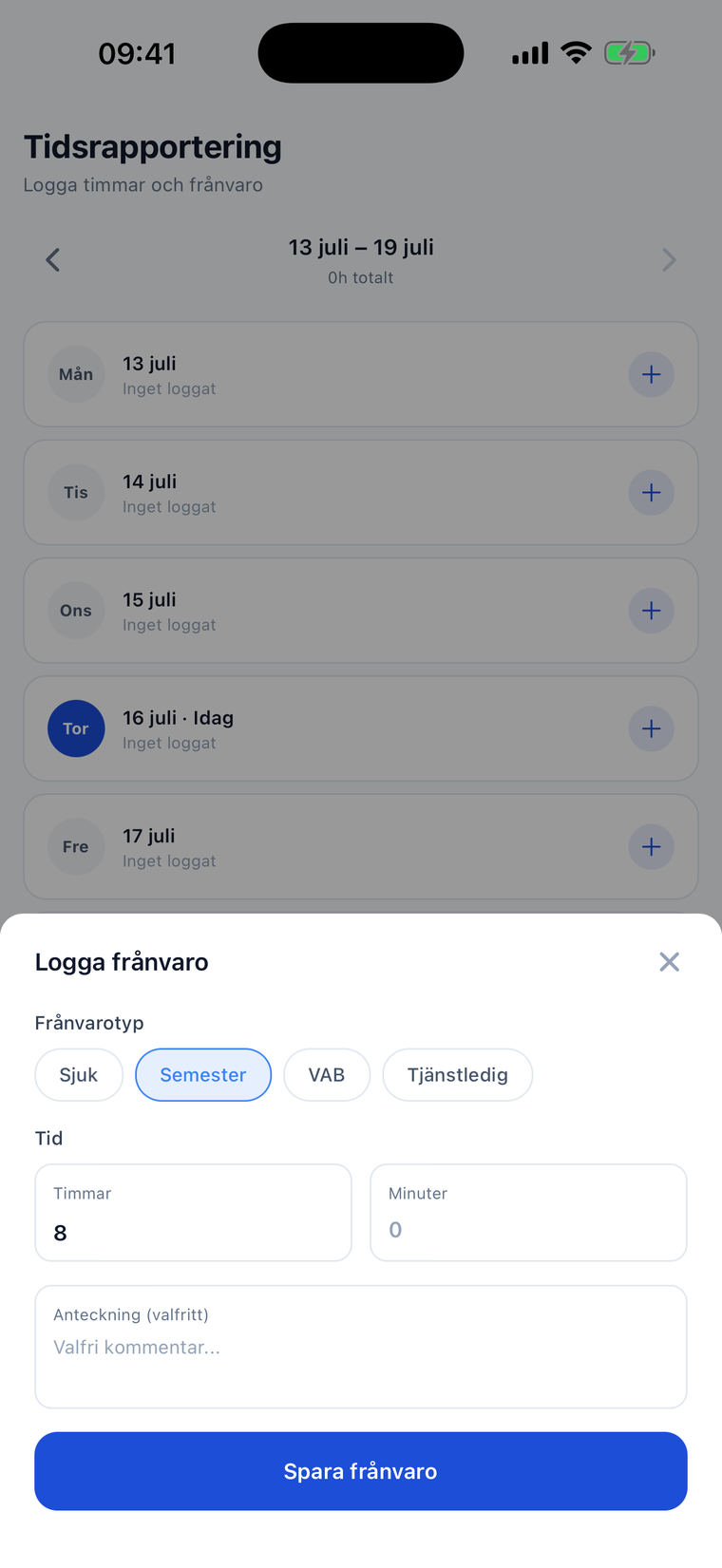 Logga frånvaro i Crewlog — frånvarotyperna sjuk, semester, VAB och tjänstledig med timmar, minuter och anteckning.